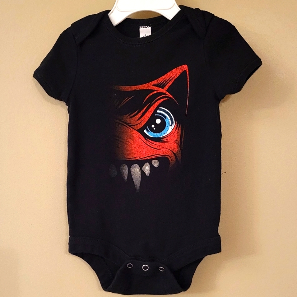 Black short sleeved onesie/bodysuit with animal face graphic